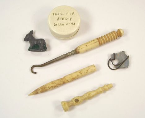 MISCELLANEOUS.Bone tools including one with Stanhope viewer (The Isle of Wight), a novelty donkey joke etc.