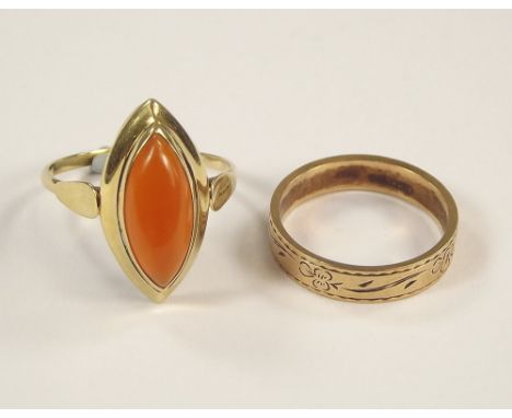 GOLD BAND ETC. A 9ct. gold engraved band, size O/P, approx. 3g & a carnelian dress ring.