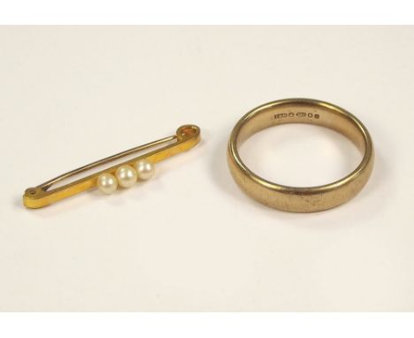 GOLD RING & PIN. A gentleman's 9ct. gold wedding band, approx. 5.5g, size S/T & a 9ct. gold pearl set stock pin, approx. 1.1g