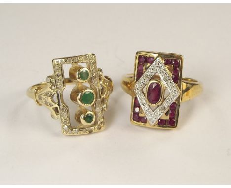 DRESS RINGS. A 15ct. gold emerald & diamond set dress ring & an Art Deco style 9ct. gold stone set ring.