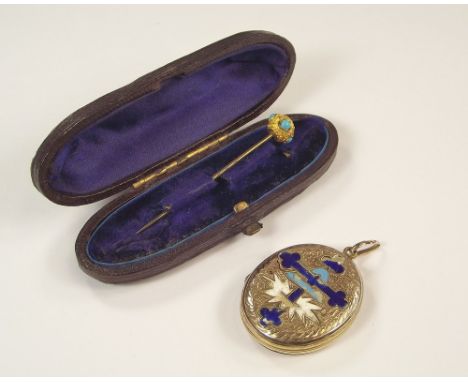 LOCKET & PIN. A Victorian & enamel locket & a turquoise set stick pin.