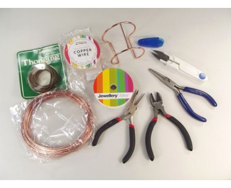 JEWELLER'S TOOLS ETC.Jewellery maker's equipment including pliers, copper wire, leather thonging etc.