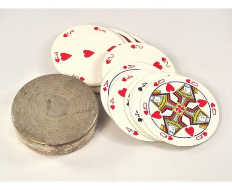 PLAYING CARD BOX.An Art Deco engine turned silver playing card box, containing a set of circular playing cards. Birmingham 19