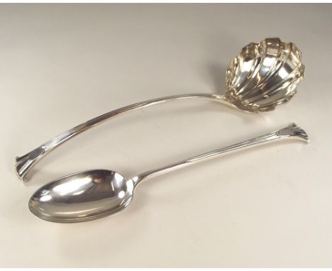 MAPPIN & WEBB.A Mappin & Webb, EPNS soup ladle with shell bowl & scroll finial & a matching serving spoon.