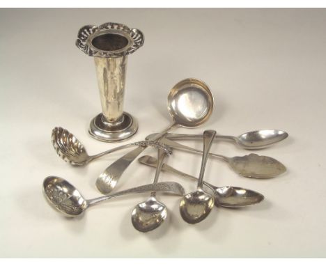 SPOONS ETC. Eight various silver spoons, including sifters, a Victorian ladle, etc., & a scrap spill vase.