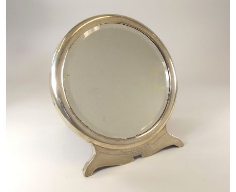 SILVER MIRROR.A silver easel mirror with presentation inscription 'Presented to Lady Shelley by the Permanent Staff N.C.O's &