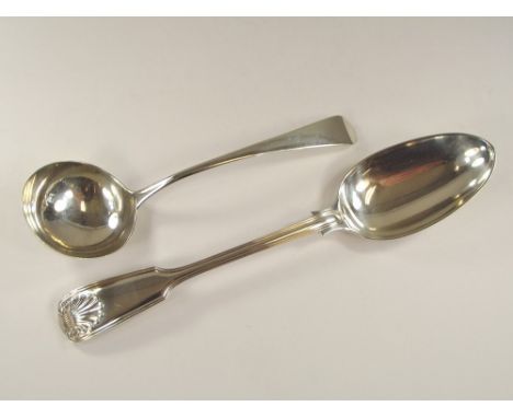 SILVER SPOONS.A Georgian OE pattern ladle by William Sumner, London 1815 & a 1920's fiddle, thread & shell pattern tablespoon