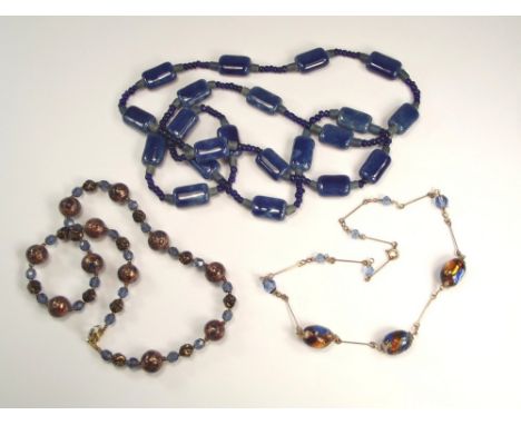 COSTUME JEWELLERY.A Venetian glass necklace, a foil glass bead necklace & a 1930's blue ceramic bead necklace.