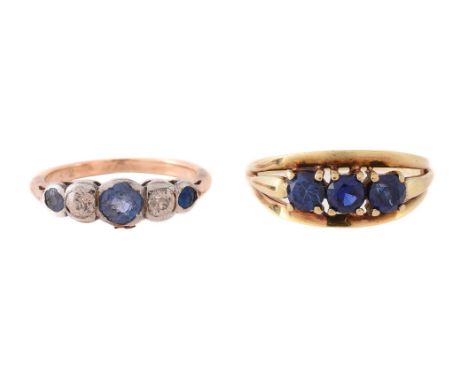 
	
		A SAPPHIRE AND DIAMOND RING AND A FURTHER RING 
		The five stone sapphire and diamond ring with alternating European cut