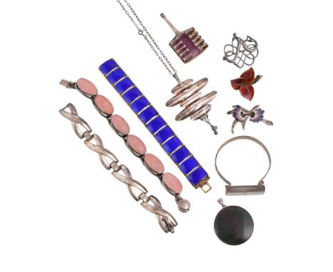 
	
		A COLLECTION SCANDINAVIAN JEWELLERY 
		Comprising:
		David Andersen: a blue enamelled panel bracelet, the rectangular pa