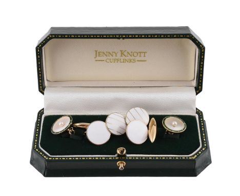 
	
		TWO MATCHED PAIRS OF CUFFLINKS 
		The first pair with a mother-of-pearl and cultured pearl panel each with a green ename
