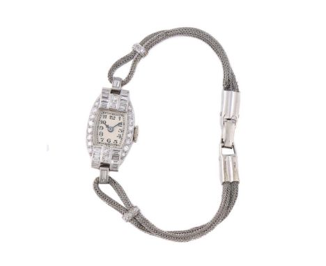 
	
		AGASSIZ W. CO. 
		A LADY&#39;S PRECIOUS WHITE METAL AND DIAMOND COCKTAIL WATCH
		Movement: Manual wind, 15 jewels
		Case