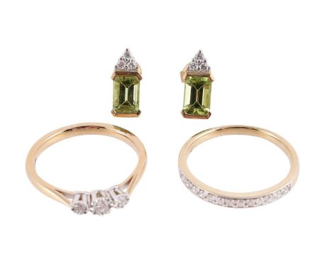 
	
		TWO DIAMOND RINGS AND A PAIR OF PERIDOT AND DIAMOND EARRINGS 
		The first a diamond half eternity ring, set with brillia