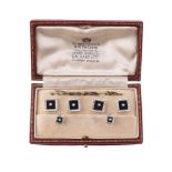 A MID 20TH CENTURY HALF SEED PEARL AND ONYX STUD AND BUTTON SET, BIRMINGHAM 1957
