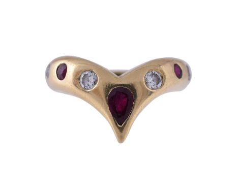 
	
		A RUBY AND DIAMOND WISHBONE SHAPED RING 
		LONDON 1999 
		The polished 18 carat gold band rubover set with a central pea