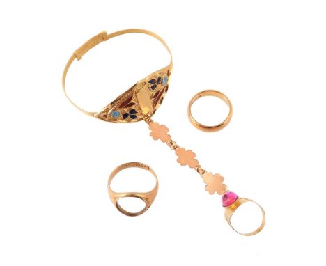 
	
		A TWO RINGS AND A BANGLE
		The first a 22 carat gold band ring, Birmingham 1907; an 18 carat gold ring with vacant setti