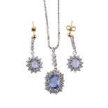 A SAPPHIRE AND DIAMOND CLUSTER PENDANT AND EARRINGS
