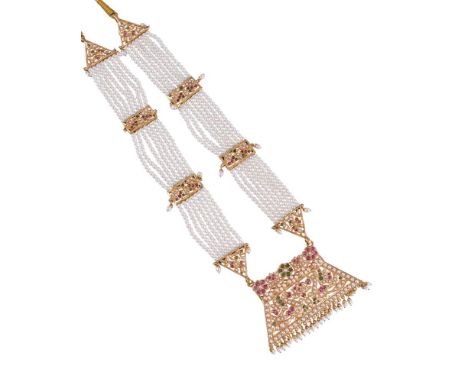 
	
		AN INDIAN FRESHWATER CULTURED PEARL, RUBY AND EMERALD NECKLACE  
		The pierced principal panel with two gem set peacocks