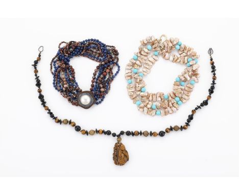 
	
		A COLLECTION OF JEWELLERY ITEMS 
		The first a Celina Serbri hardstone necklace, with brass flower head clasp with a cen