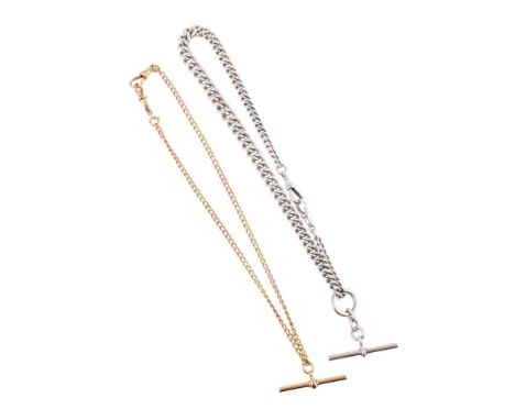 
	
		AN 18 CARAT GOLD ALBERT CHAIN  
		The two colour curb link chain with a sliding T-bar, lobster claw attachment, partial 