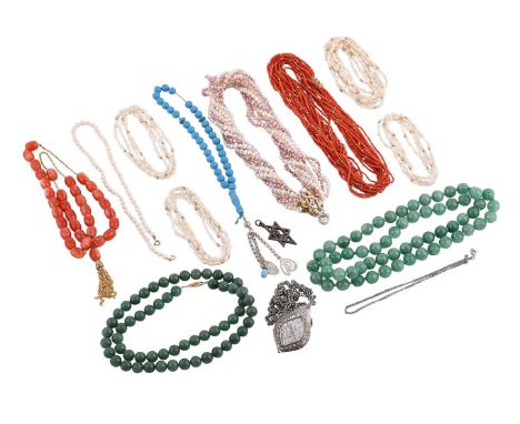 
	
		Y&nbspA COLLECTION OF BEADED NECKLACES 
		The first with pink and cream freshwater cultured pearls to a diamond accented