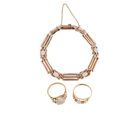 
	
		A GROUP OF OPAL JEWELLERY
		Comprising a gate link bracelet collet set with oval cabochon opals, stamped 9ct; a cabochon