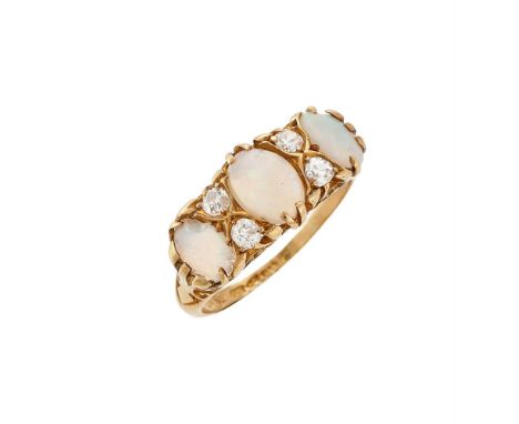 
	
		AN OPAL AND DIAMOND SEVEN STONE RING 
		EARLY 20TH CENTURY 
		The three oval cabochon opals interspaced with two pairs o