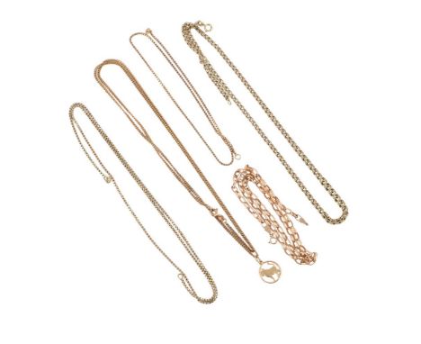 
	
		FIVE CHAIN NECKLACES 
		The first of box links stamped 585; together with a shorter box link chain, stamped 585; a gradu