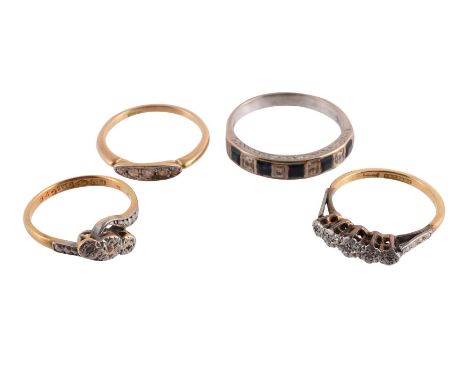 
	
		FOUR GEM SET RINGS  
		The first with alternating step cut sapphires with eight cut diamond accents between, stamped 18c