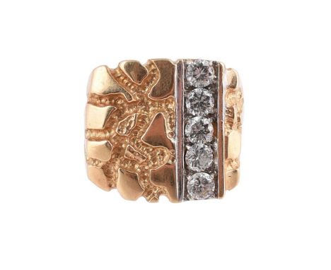 
	
		A 9 CARAT GOLD WHITE STONE DRESS RING 
		The cushion shaped panel with a row of facetted white stones, the shank stamped