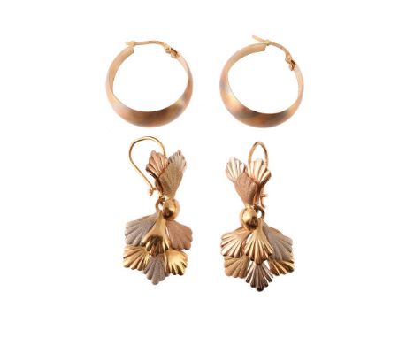 
	
		TWO PAIRS OF THREE COLOUR EARRINGS 
		The first pair with polished and textured leaf like panels, with shepherds hook fi