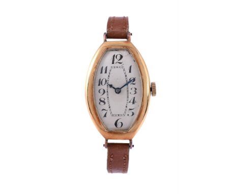 
	
		UNSIGNED
		A SWISS GOLD COLOURED TONNEAU WRISTWATCH, NO. 644001
		Movement: Manual wind
		Case: Gold coloured case, snap