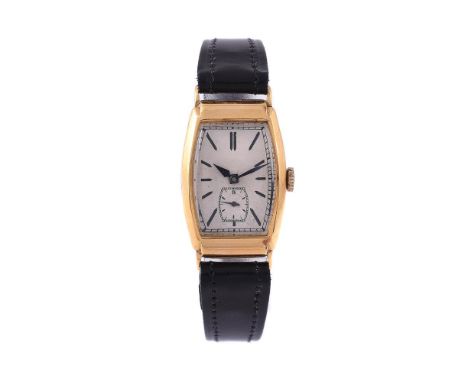 
	
		UNSIGNED
		AN 18 CARAT GOLD TONNEAU WATCH, NO. 66618, CIRCA 1932
		Movement: Swiss manual wind, 16 jewels
		Case: 18 car