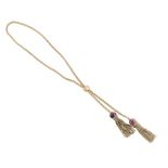 A RHODONITE BEAD TASSEL NECKLACE