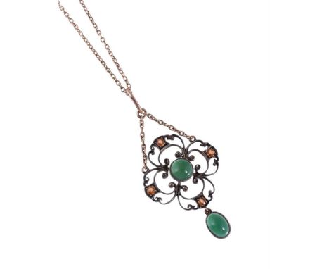 
	
		CHILD &amp; CHILD, A GARNET AND CHRYSOPRASE PENDANT NECKLACE 
		CIRCA 1900 
		The scrolled silver and gold pierced quatr