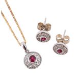 A PAIR OF DIAMOND AND RUBY CLUSTER EARRINGS AND MATCHING PENDANT