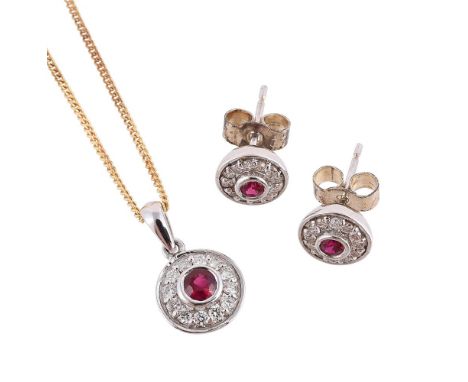
	
		A PAIR OF DIAMOND AND RUBY CLUSTER EARRINGS AND MATCHING PENDANT 
		The 9 carat white gold earrings centred with a circu