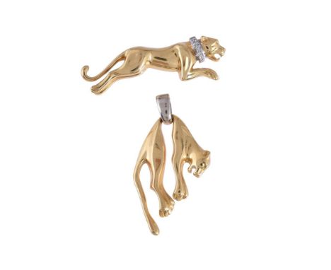 
	
		A BIG CAT BROOCH AND PENDANT 
		The brooch with a polished pouncing big cat with a brilliant cut diamond accented collar
