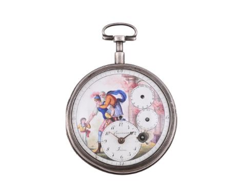 
	
		A SWISS SILVER VERGE CENTRE-SECONDS POCKET WATCH WITH FIGURAL ENAMEL DIAL AND ECCENTRIC CALENDAR 
		COURVOISIER FRERES, 