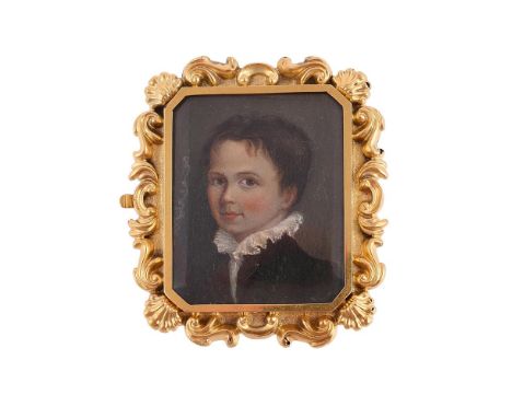 
	
		A MID 19TH CENTURY CONTINENTAL PORTRAIT MINIATURE BROOCH 
		The portrait of a young boy with ruffled collar painted on s