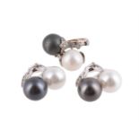 A SOUTH SEA CULTURED AND TAHITIAN CULTURED PEARL AND DIAMOND CROSSOVER RING AND A PAIR OF EAR CLIPS
