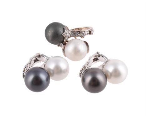 
	
		A SOUTH SEA CULTURED PEARL, TAHITIAN CULTURED PEARL AND DIAMOND CROSSOVER RING AND A PAIR OF SIMILAR EAR CLIPS 
		The So