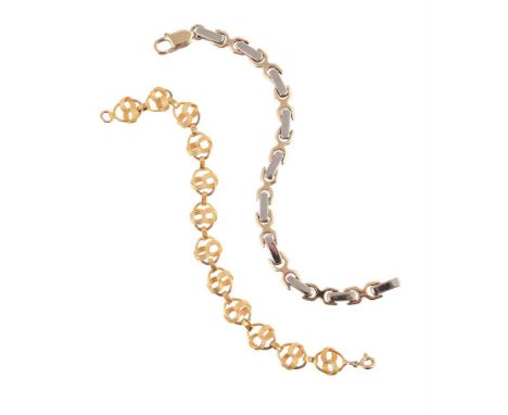 
	
		TWO BRACELETS 
		The first with two colour polished baton and cross shaped links, the lobster claw clasp stamped 14K; to