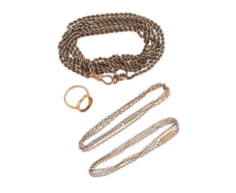 
	
		THREE CHAINS AND A RING MOUNT 
		The first with a curb link chain to a barrel clasp, stamped 15; the second with a belch