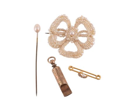 
	
		Y&nbspFOUR JEWELLERY ITEMS  
		To include an 1840s pearl, seed pearl and mother of pearl bow brooch, with brooch fitting