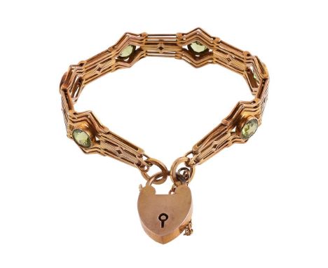 
	
		CHARLES DANIEL BROUGHTON, A LATE VICTORIAN PERIDOT BRACELET 
		The fancy gate link bracelet with millegrain set circular