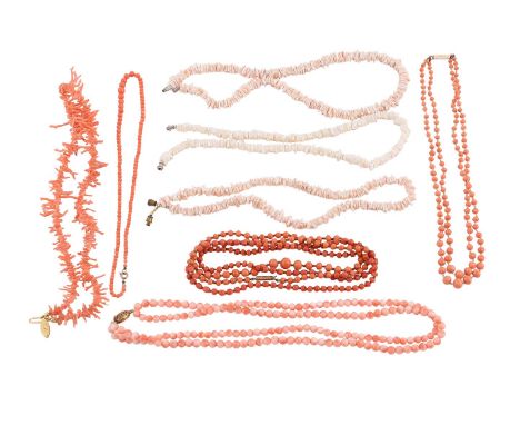 
	
		Y&nbspA COLLECTION OF CORAL BEAD NECKLACES 
		The first a two row coral bead necklace, the graduated coral beads from 3.