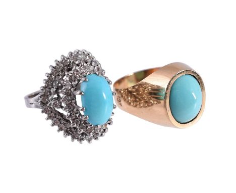 
	
		TWO TURQUOISE DRESS RINGS 
		The first ring with a central claw set oval cabochon turquoise within a double surround of 