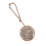 A FRENCH GOLD COLOURED AND ANTIQUE COIN FOB KEY CHAIN