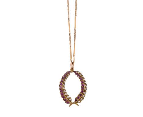 
	
		AN EARLY 20TH CENTURY RUBY AND SEED PEARL WREATH PENDANT  
		The crossover branches/feathers each set with a row of rubi